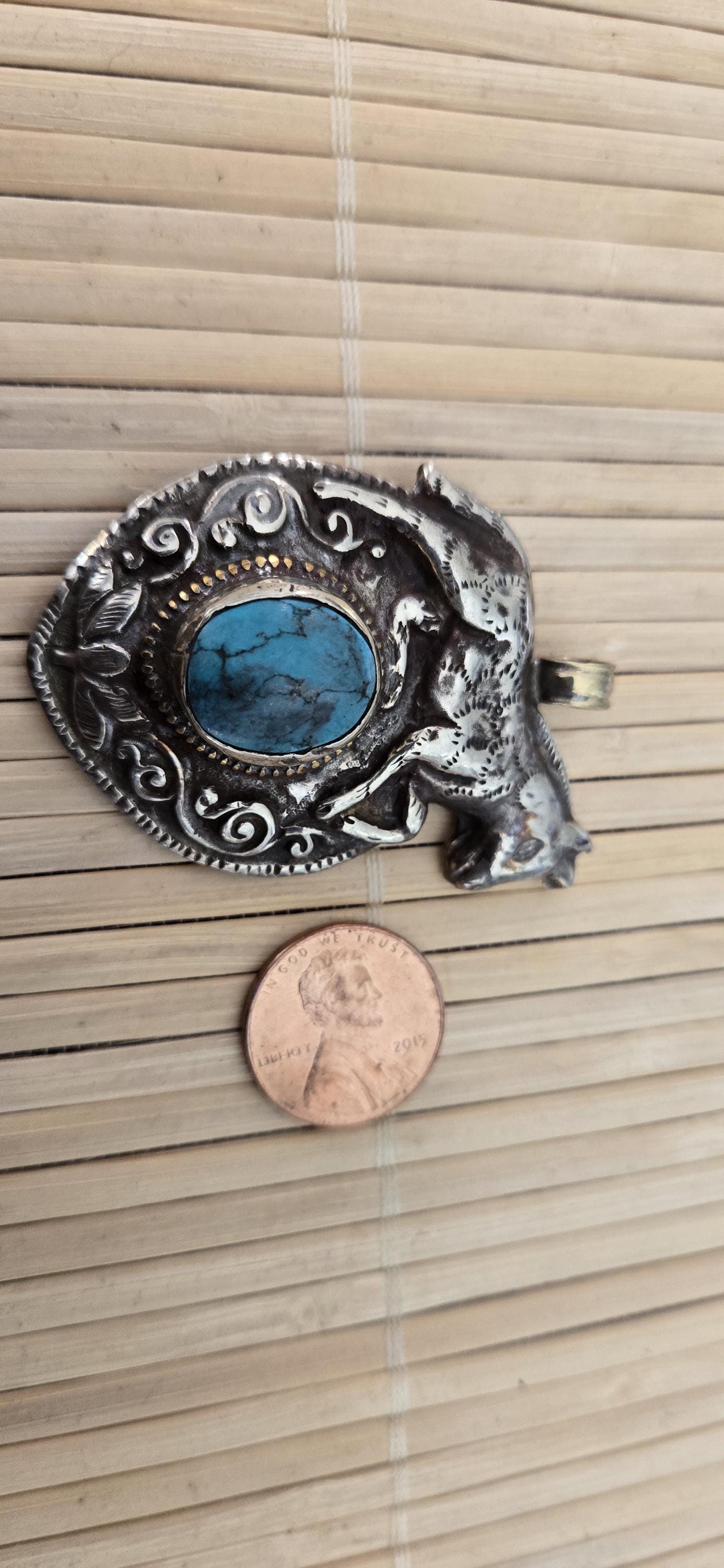 Tibetan silver repousse Horse pendant inlaid with turquoise inlay and reverse side monkey repousse design - PM278B