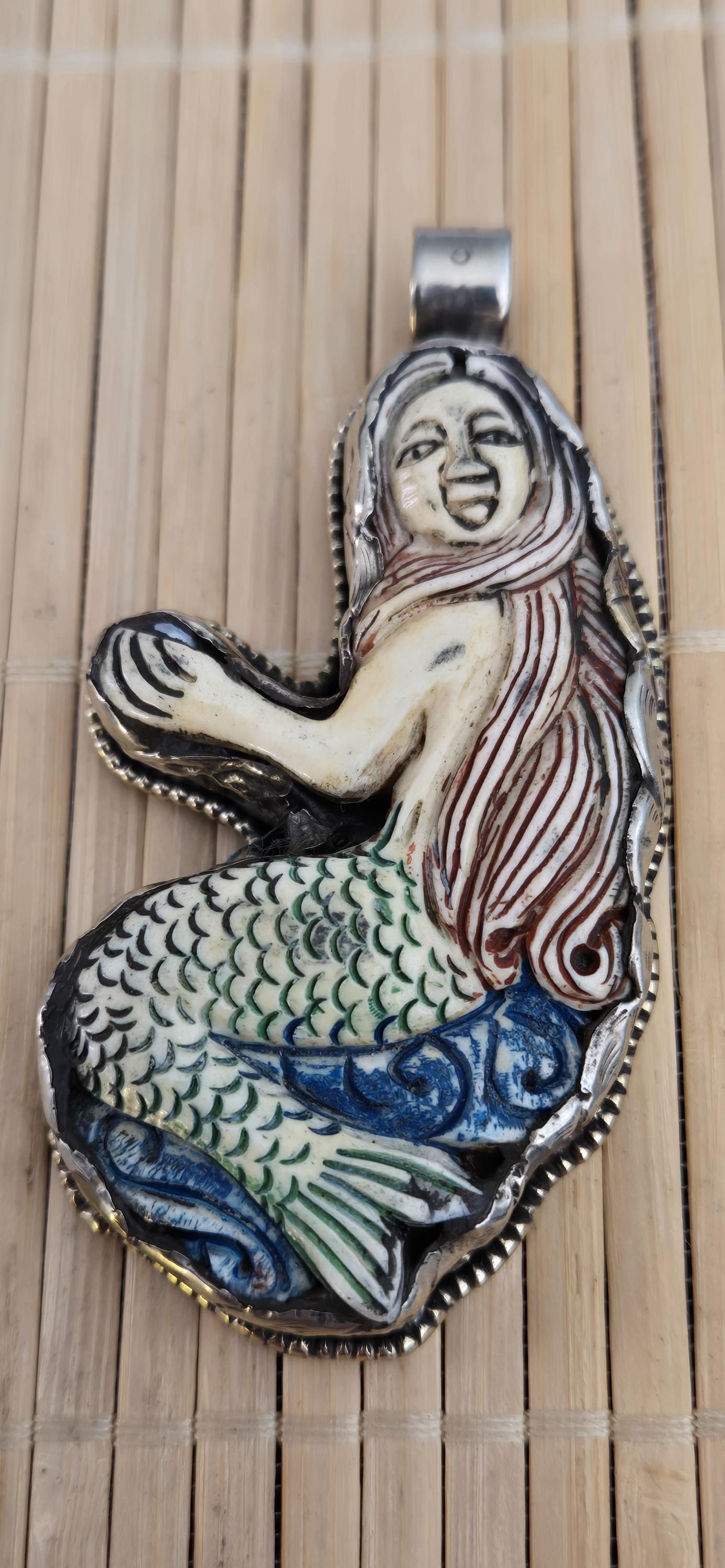 1 mermaid Pendant - Large size carved painted upcycled cattle bone pendant with mermaid design floral carving on reverse side - PM278D