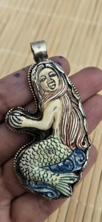 1 mermaid Pendant - Large size carved painted upcycled cattle bone pendant with mermaid design floral carving on reverse side - PM278D