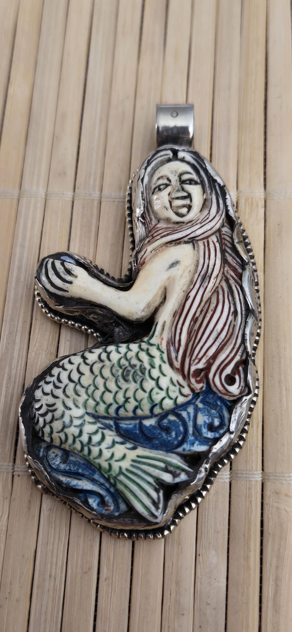 1 mermaid Pendant - Large size carved painted upcycled cattle bone pendant with mermaid design floral carving on reverse side - PM278D