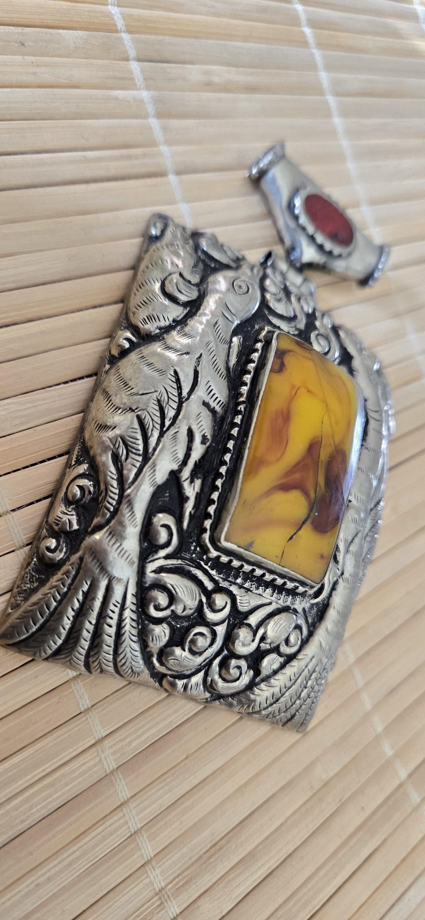 OOAK Extra Large Tibetan Silver Repousse phoenix Bird carving pendant with resin coral inlay - PM278L