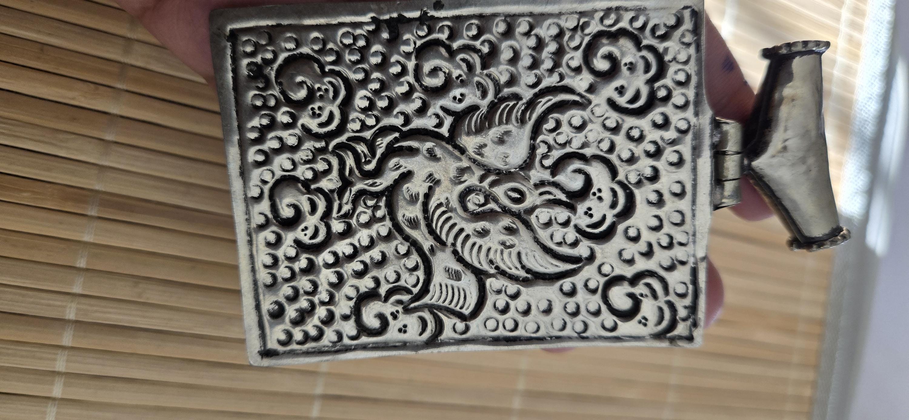 OOAK Extra Large Tibetan Silver Repousse phoenix Bird carving pendant with resin coral inlay - PM278L