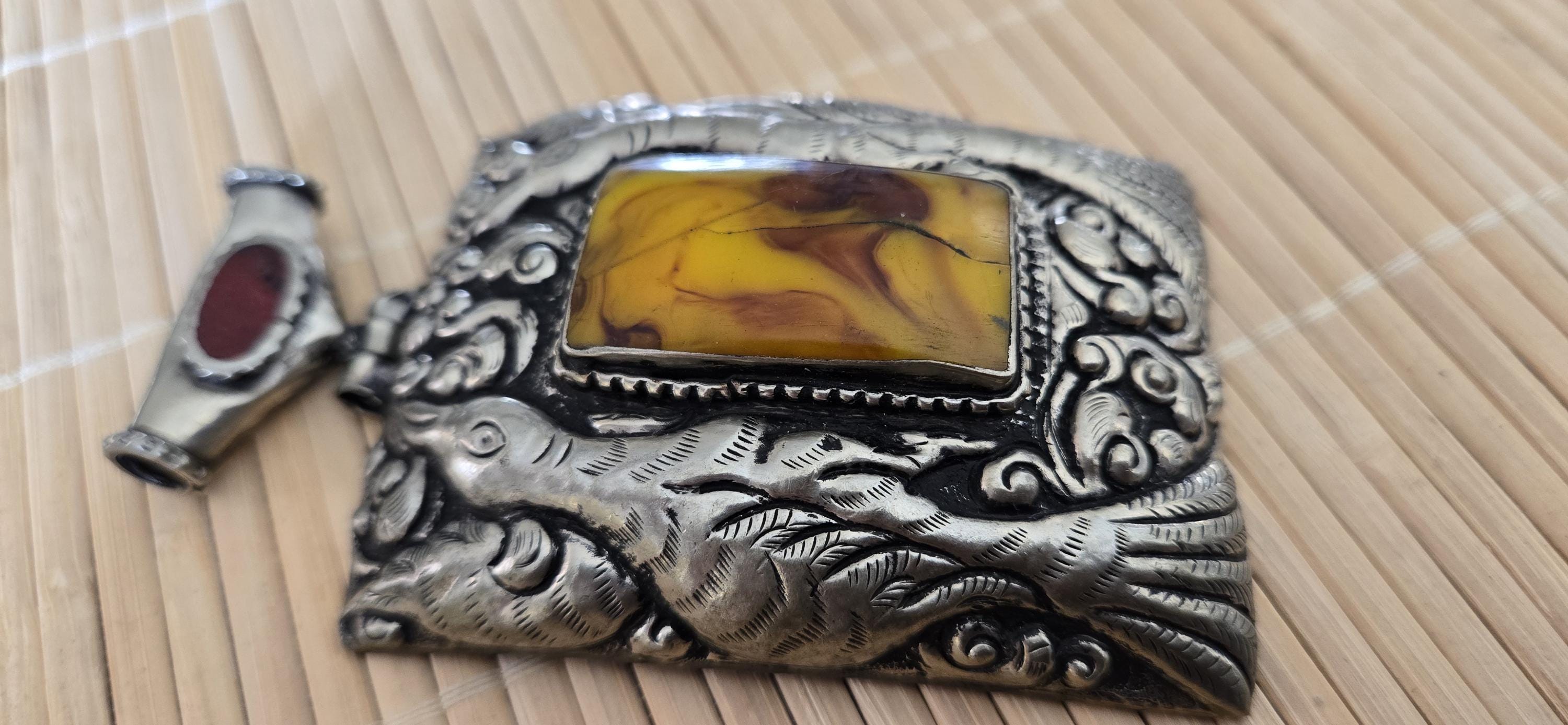 OOAK Extra Large Tibetan Silver Repousse phoenix Bird carving pendant with resin coral inlay - PM278L