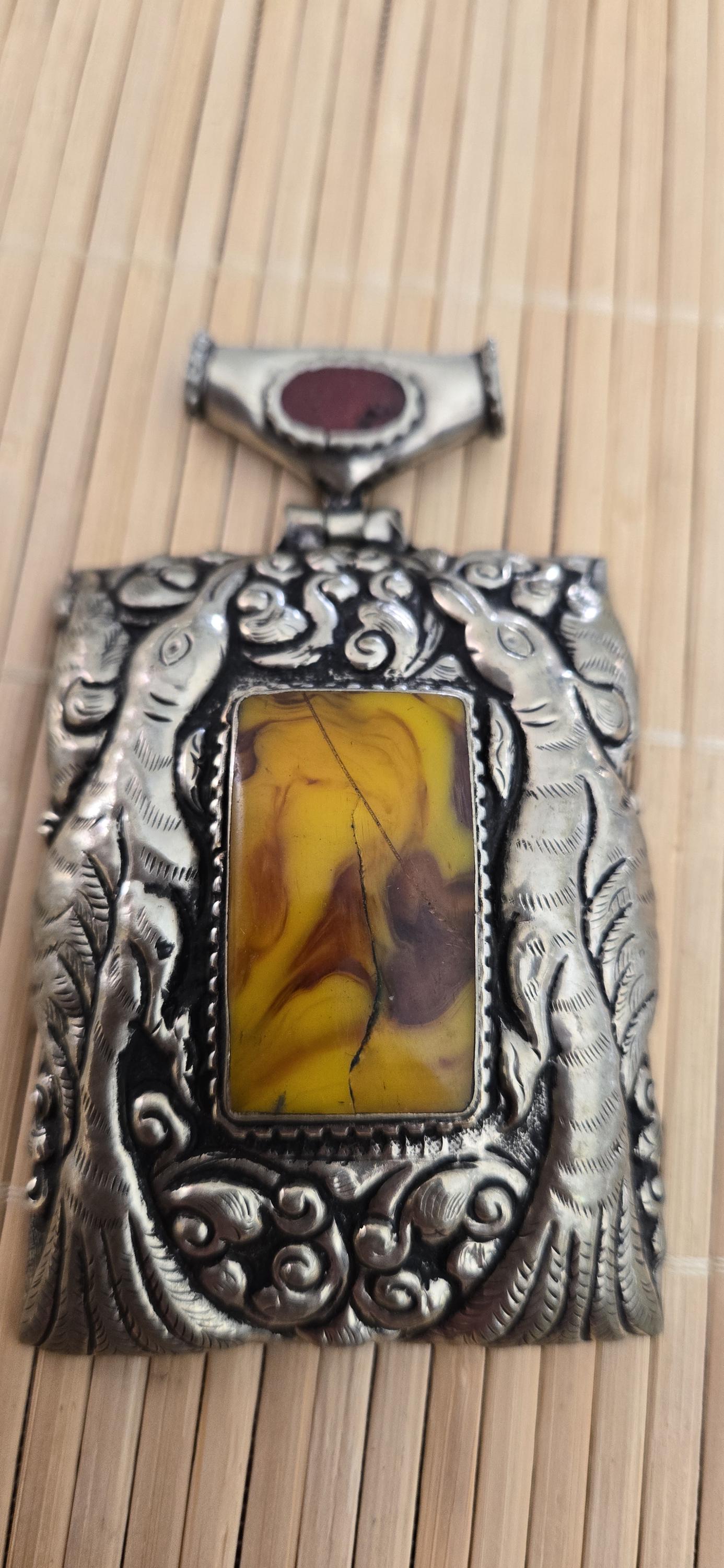 OOAK Extra Large Tibetan Silver Repousse phoenix Bird carving pendant with resin coral inlay - PM278L