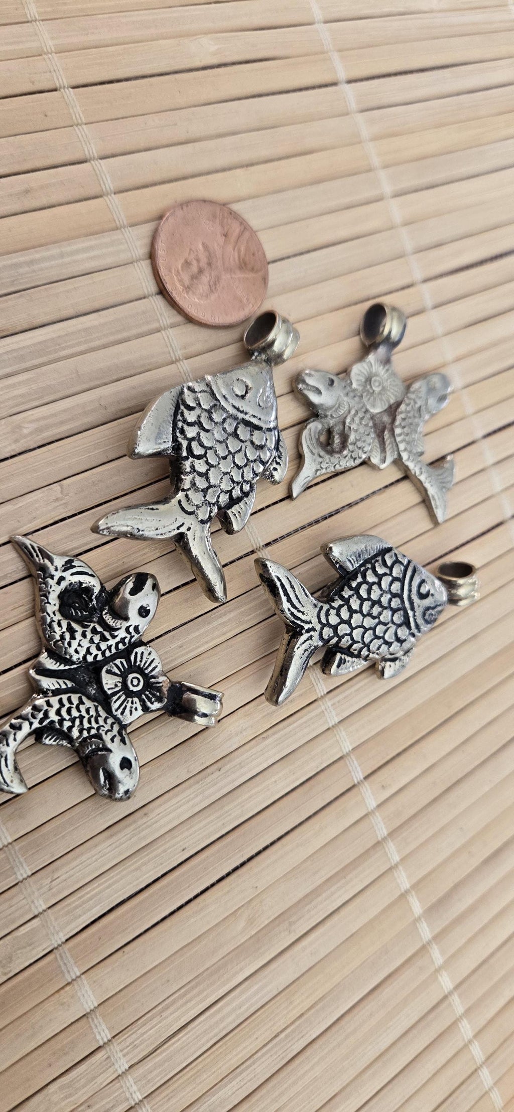 4 Pendants - Dual sided Tibetan antiqued silver finish fish pendants from Nepal - PM275B