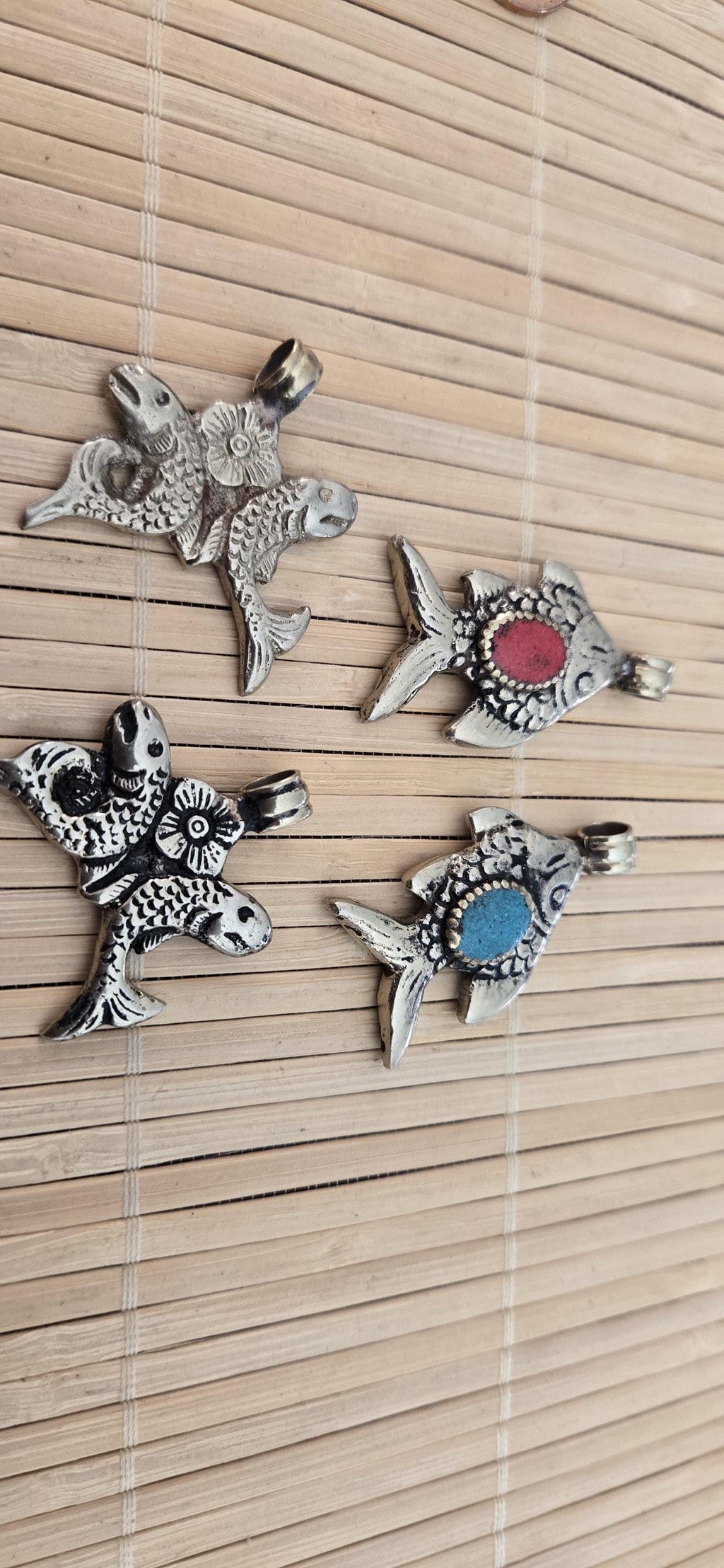 4 Pendants - Dual sided Tibetan antiqued silver finish fish pendants from Nepal - PM275B