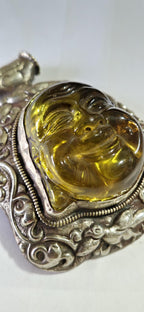 Gorgeous Statement Pendant Tibetan silver happy buddha face resin pendant with floral bird repousse PM405G