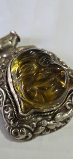 Gorgeous Statement Pendant Tibetan silver happy buddha face resin pendant with floral bird repousse PM405G