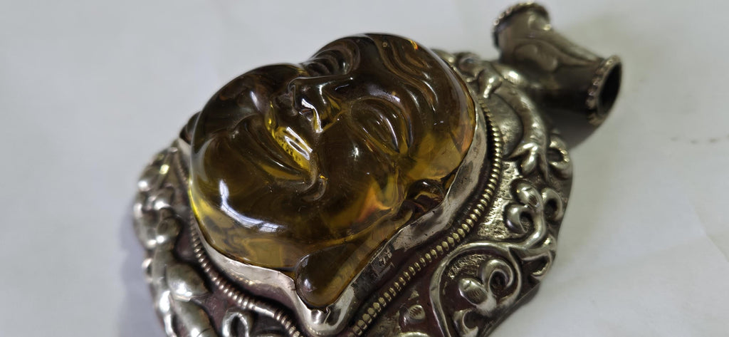 Gorgeous Statement Pendant Tibetan silver happy buddha face resin pendant with floral bird repousse PM405G