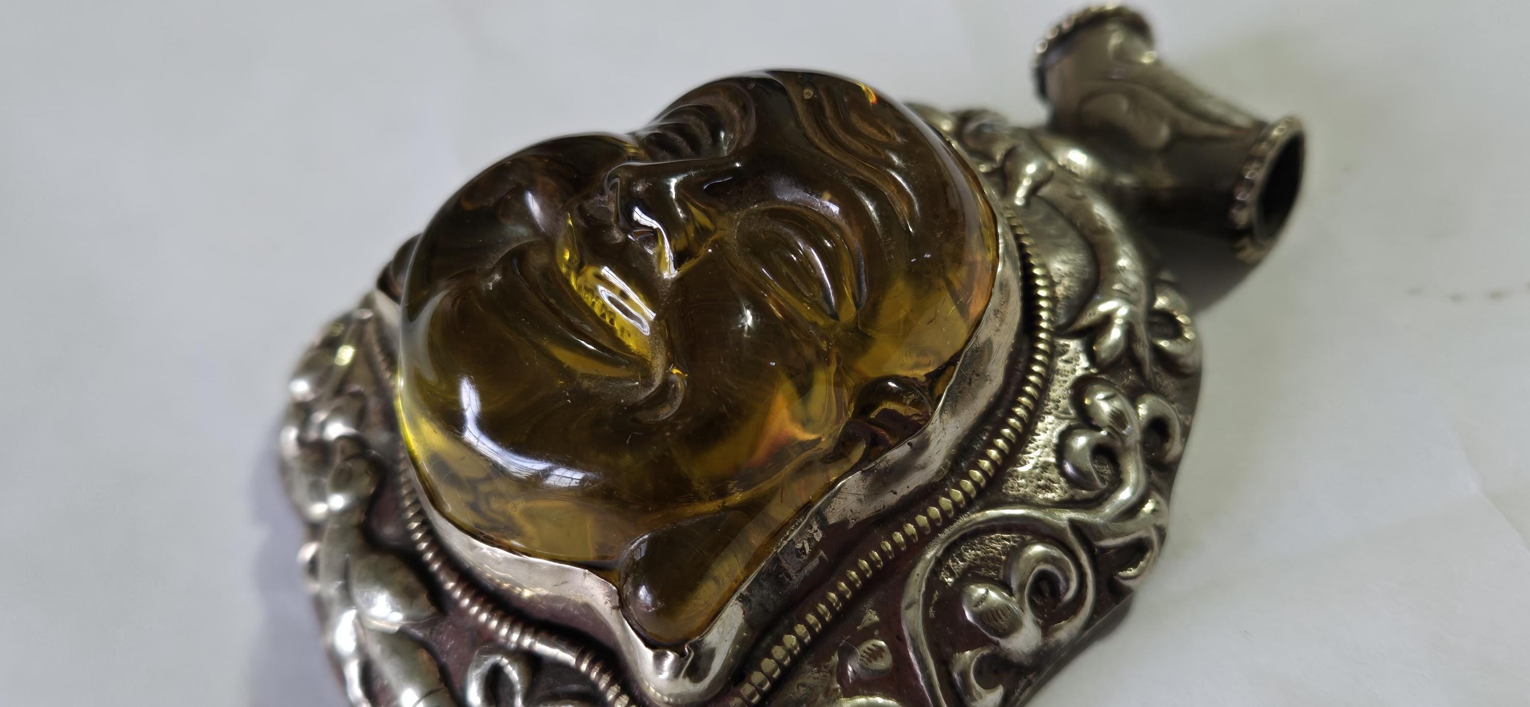 Gorgeous Statement Pendant Tibetan silver happy buddha face resin pendant with floral bird repousse PM405G