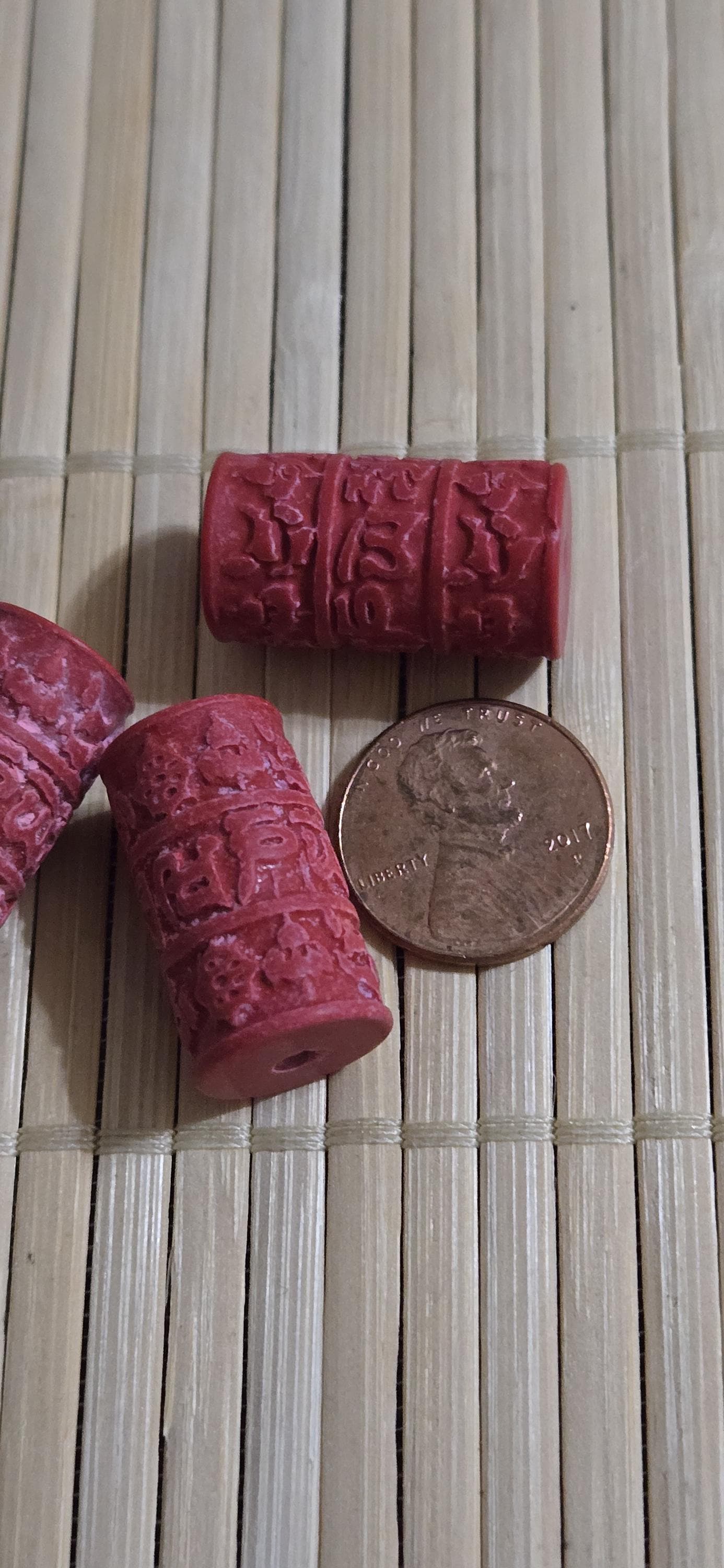 1 bead - Cylinder column shape carved lacquerware synthetic cinnabar Om mantra and ashtamangala symbol beads - BD826