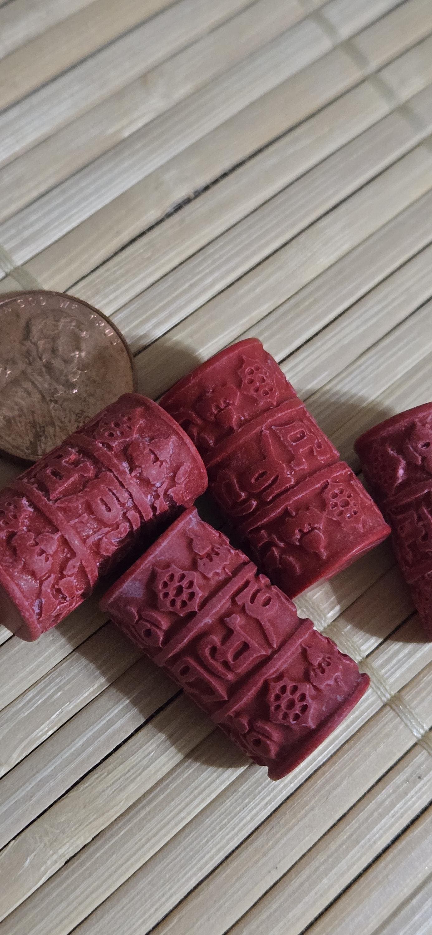 1 bead - Cylinder column shape carved lacquerware synthetic cinnabar Om mantra and ashtamangala symbol beads - BD826