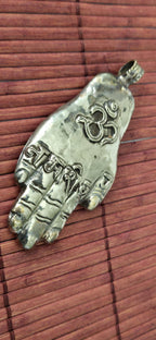 OOAK - Large Tibetan antiqued silver finish holy mantra Om namah shivay inscribed hand pendant floral carving reverse side from Nepal PM339G