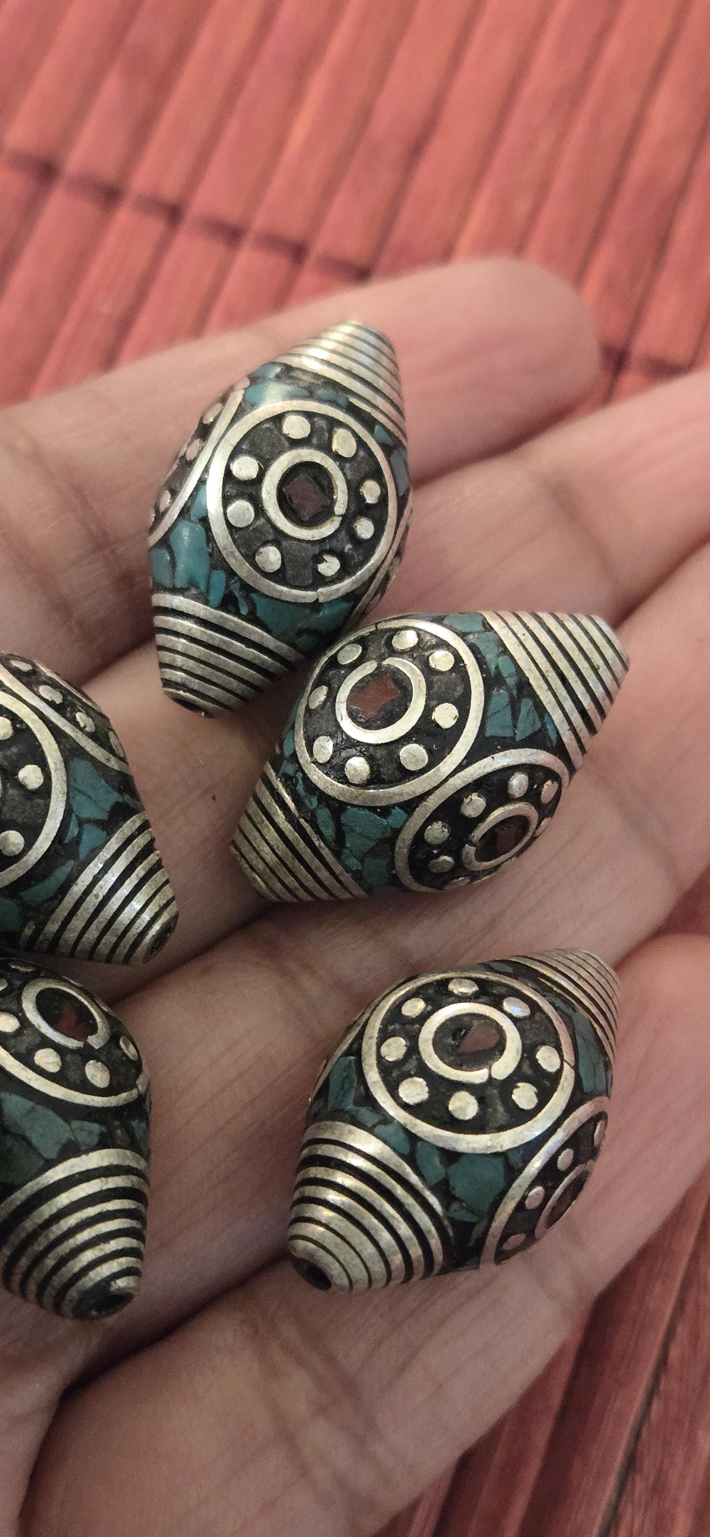 4 beads - Beautiful bicone antiqued silver finish bicone Tibetan beads turquoise coral inlay circles dotted spiral design - BD602A
