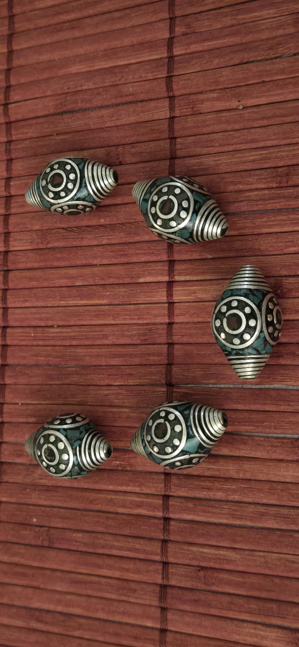 4 beads - Beautiful bicone antiqued silver finish bicone Tibetan beads turquoise coral inlay circles dotted spiral design - BD602A