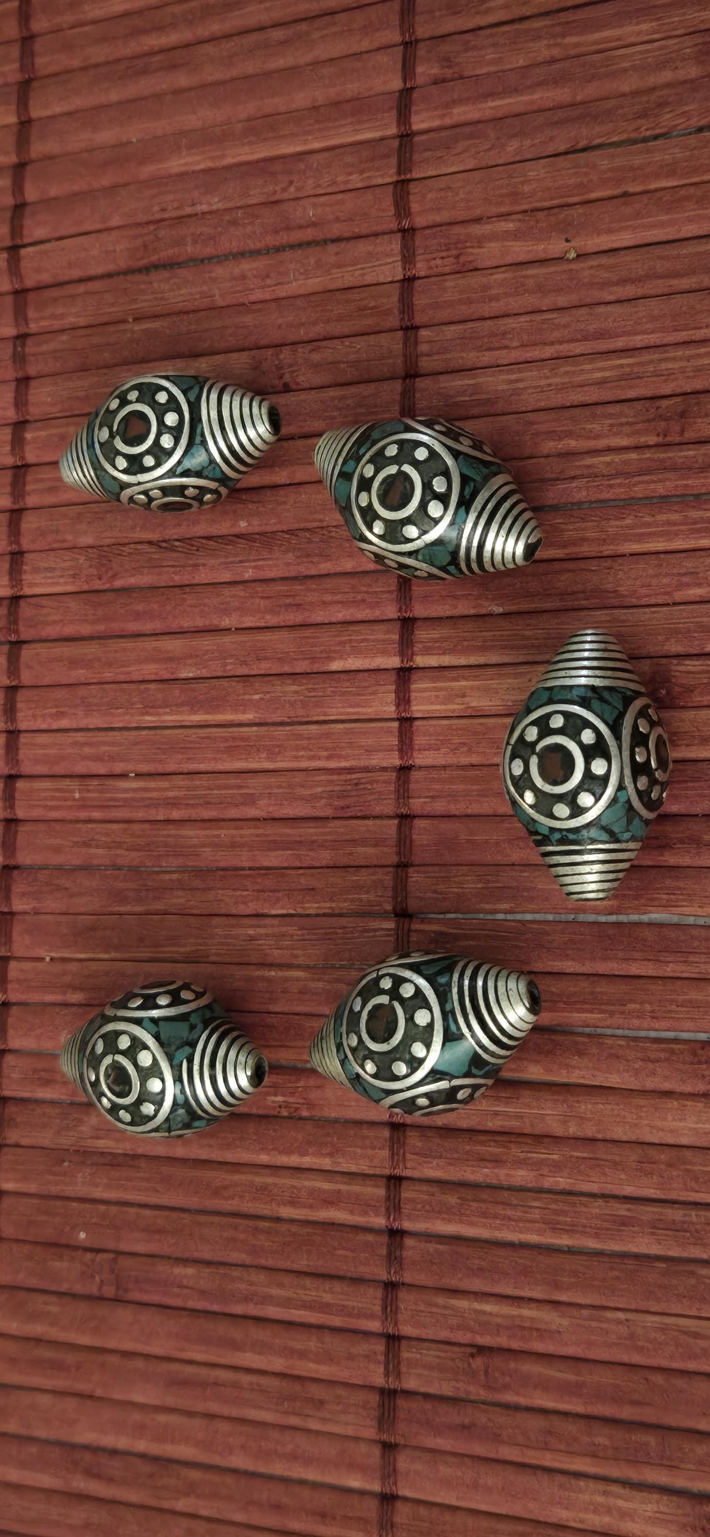 4 beads - Beautiful bicone antiqued silver finish bicone Tibetan beads turquoise coral inlay circles dotted spiral design - BD602A