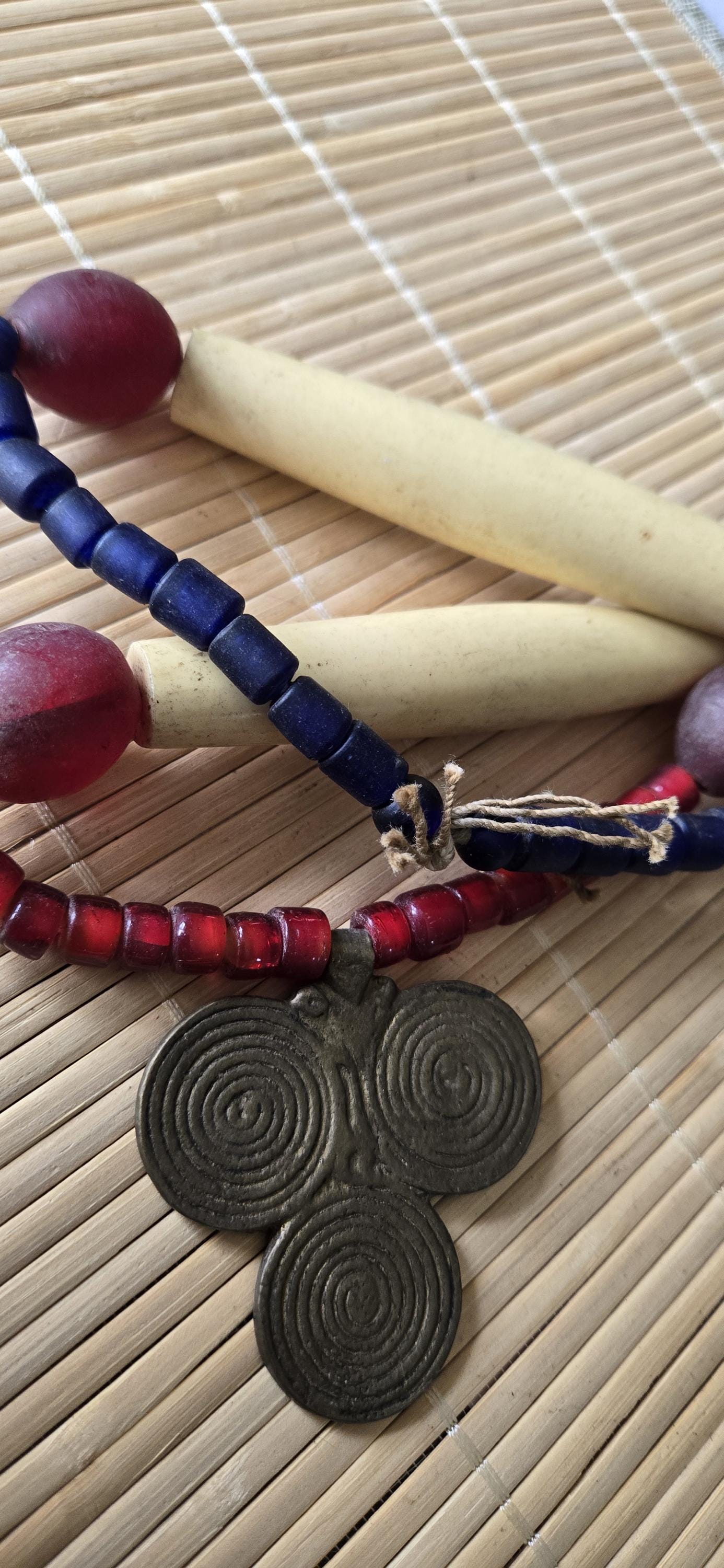 Vintage tribal naga glass beads bone beads brass pendant necklace STR004B
