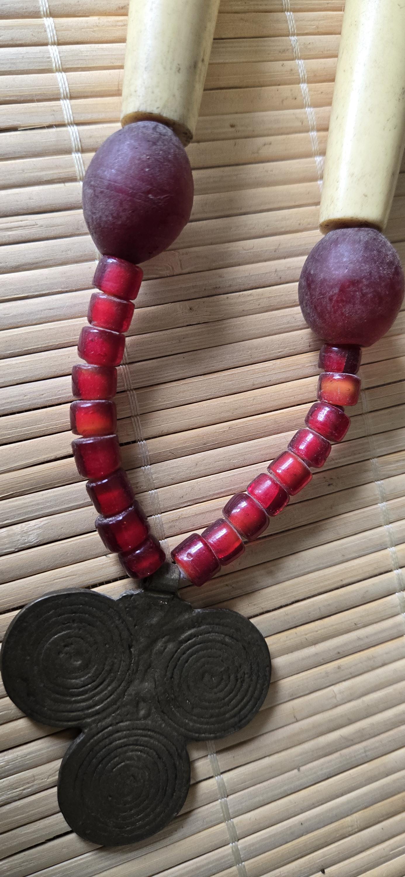 Vintage tribal naga glass beads bone beads brass pendant necklace STR004B