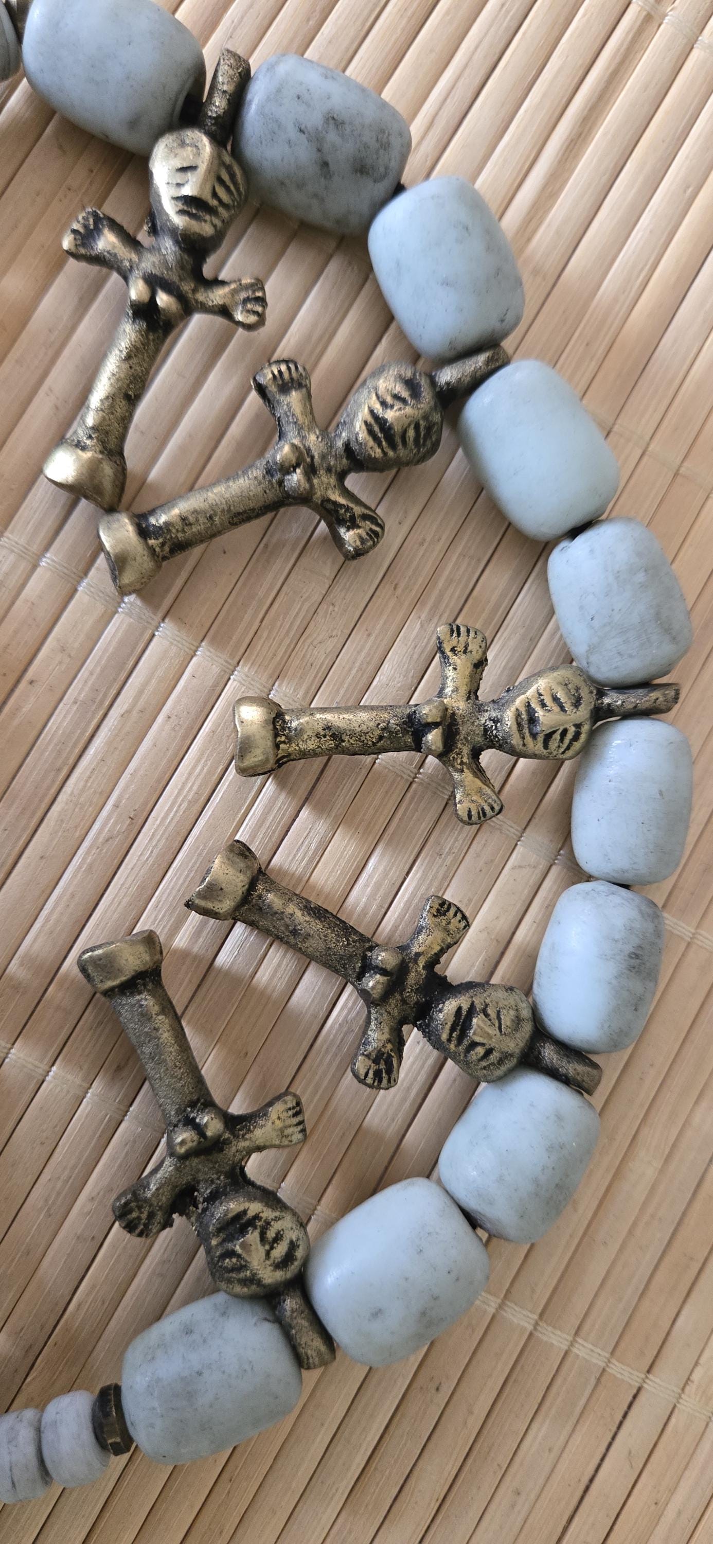 Vintage African Brass Fertility Pendants Necklace | Tribal Clay Beads | Ethnic Jewelry | Boho Statement Necklace STR004D