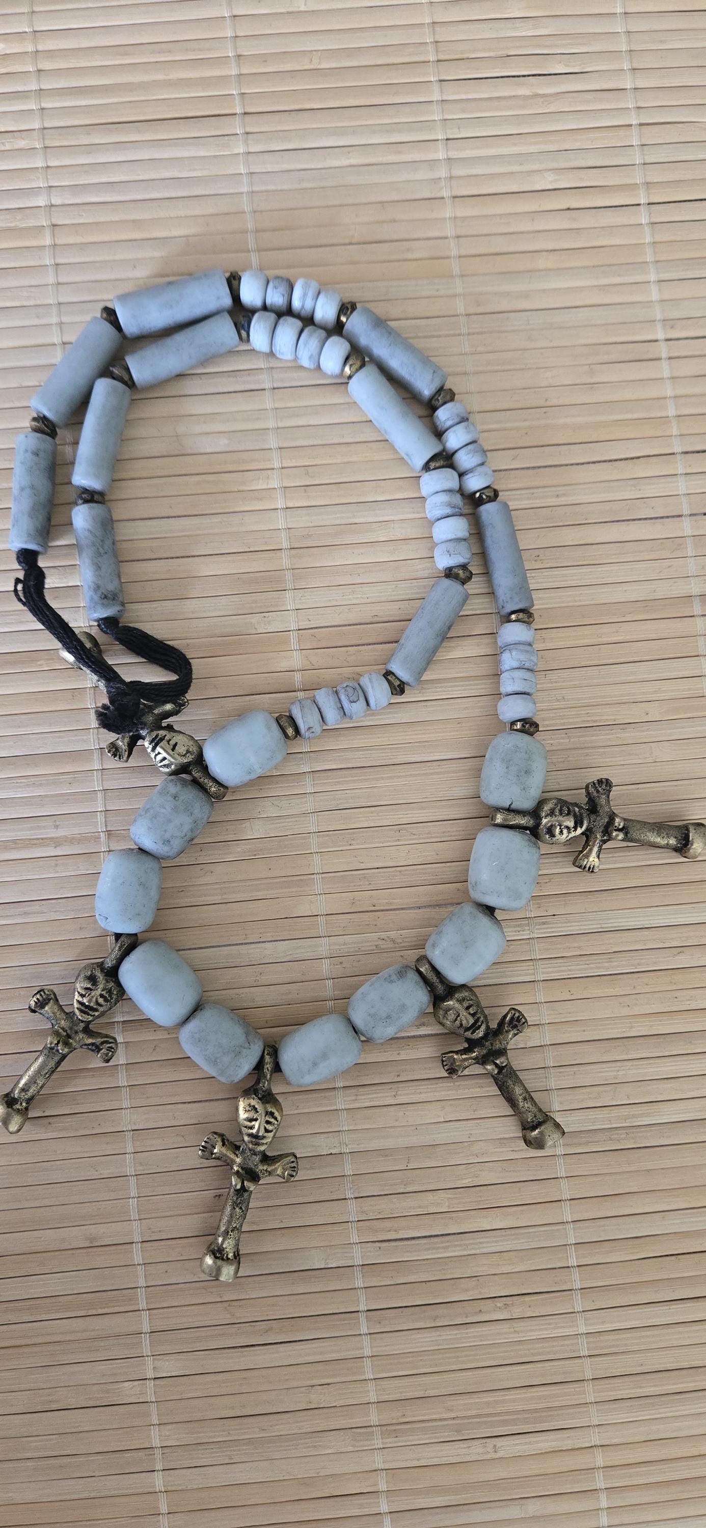 Vintage African Brass Fertility Pendants Necklace | Tribal Clay Beads | Ethnic Jewelry | Boho Statement Necklace STR004D