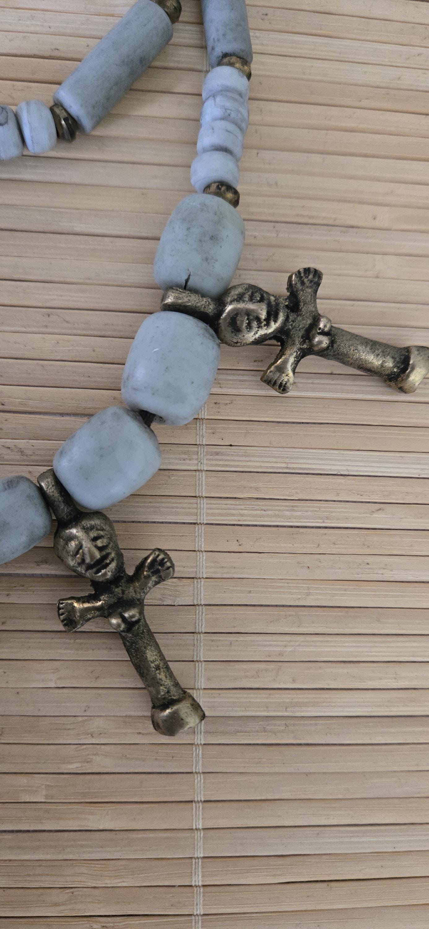 Vintage African Brass Fertility Pendants Necklace | Tribal Clay Beads | Ethnic Jewelry | Boho Statement Necklace STR004D