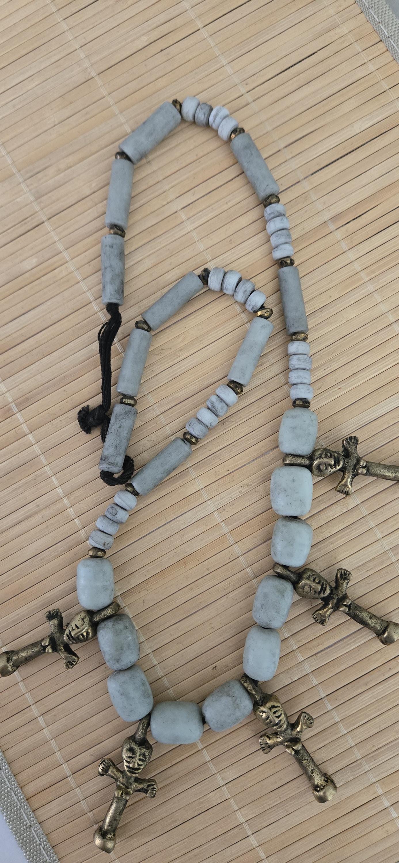 Vintage African Brass Fertility Pendants Necklace | Tribal Clay Beads | Ethnic Jewelry | Boho Statement Necklace STR004D