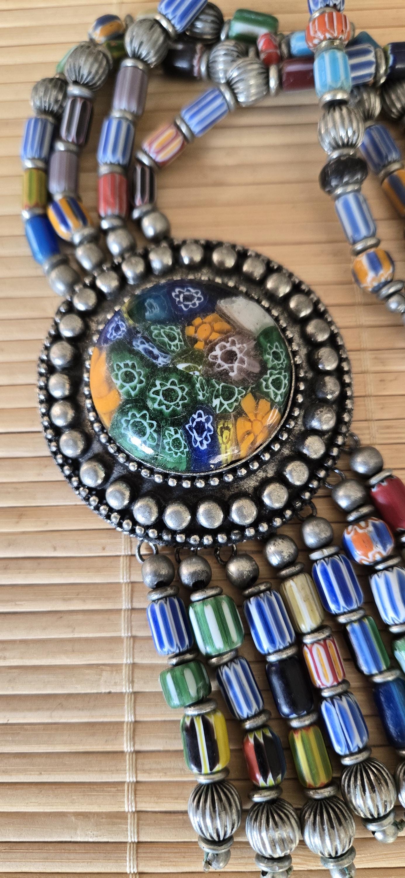 Gorgeous hand crafted vintage chevron old glass beads necklace pendant from Nepal STR006B