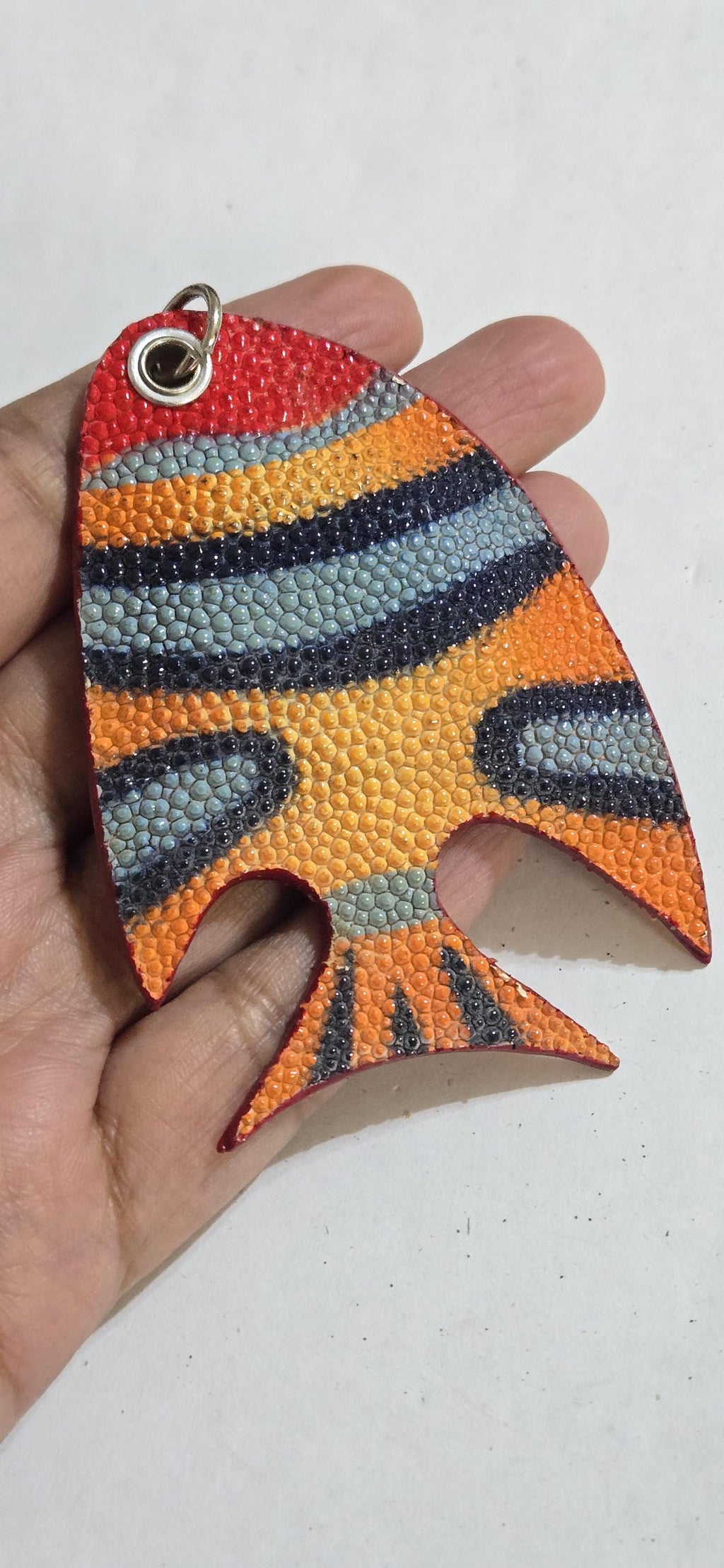 Unique handcrafted Large bold size Fish Leather Pendant – Rustic Luxe Charm for Keyring or Bag - BD753D