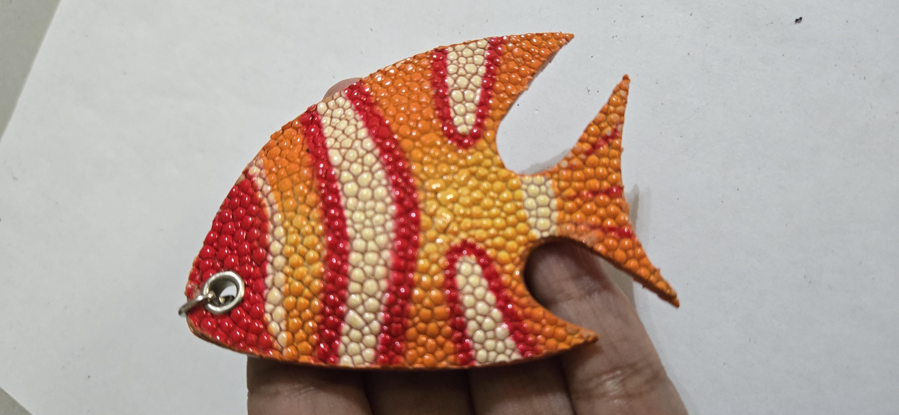 Unique handcrafted Large bold size Fish Leather Pendant – Rustic Luxe Charm for Keyring or Bag - BD753E