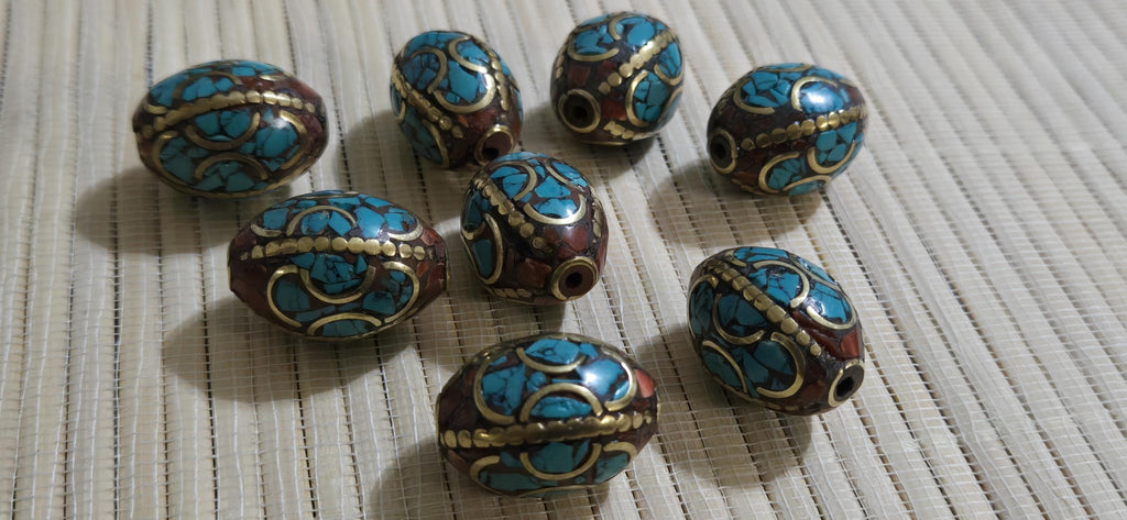2 Beads - Large 20 mm x 16 mm size Oval shape Tibetan brass beads with turquoise inlay ethnic nepal beads inlaid beads - BD399