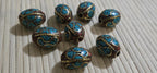 2 Beads - Large 20 mm x 16 mm size Oval shape Tibetan brass beads with turquoise inlay ethnic nepal beads inlaid beads - BD399
