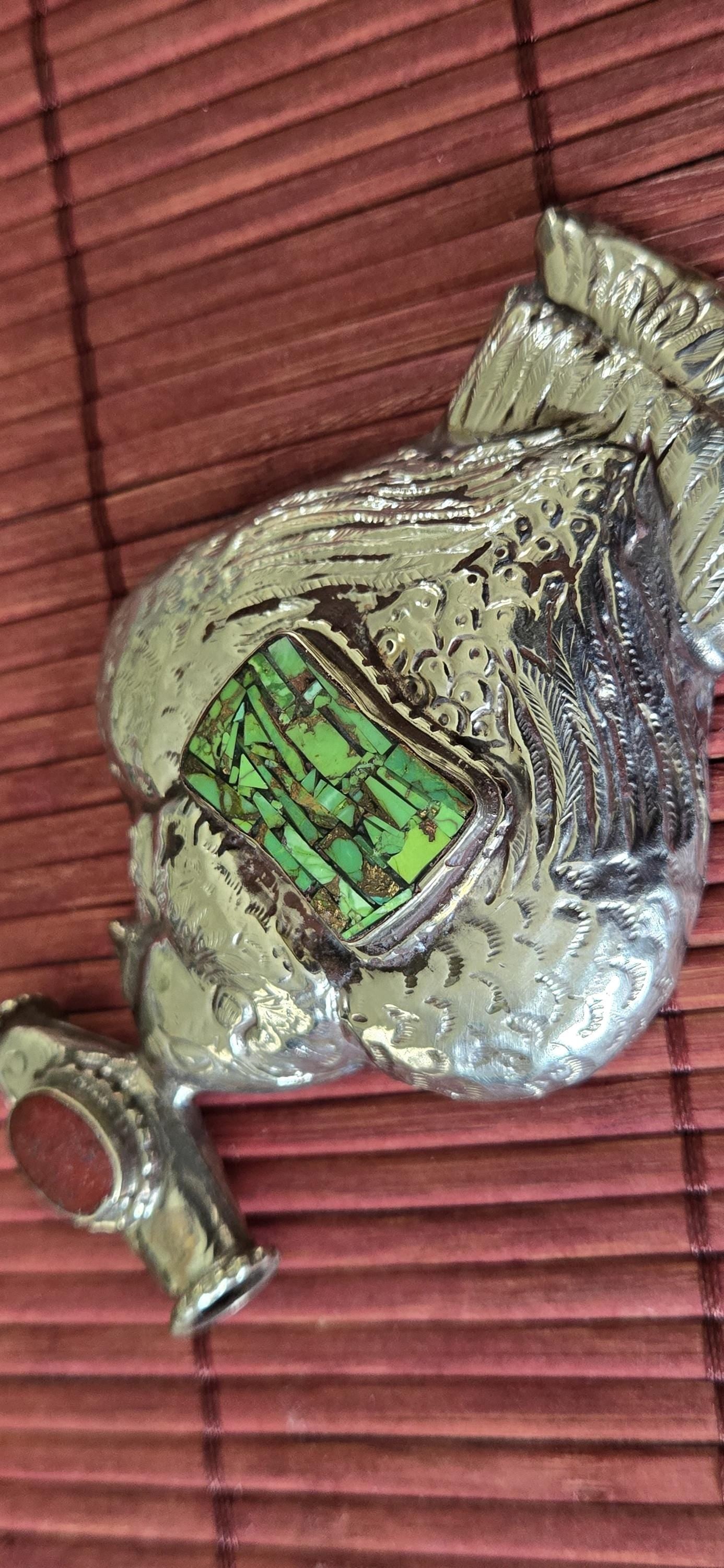 OOAK Extra Large Tibetan Silver finish Repousse eagle phoenix Bird carving pendant with inlay - PM002C