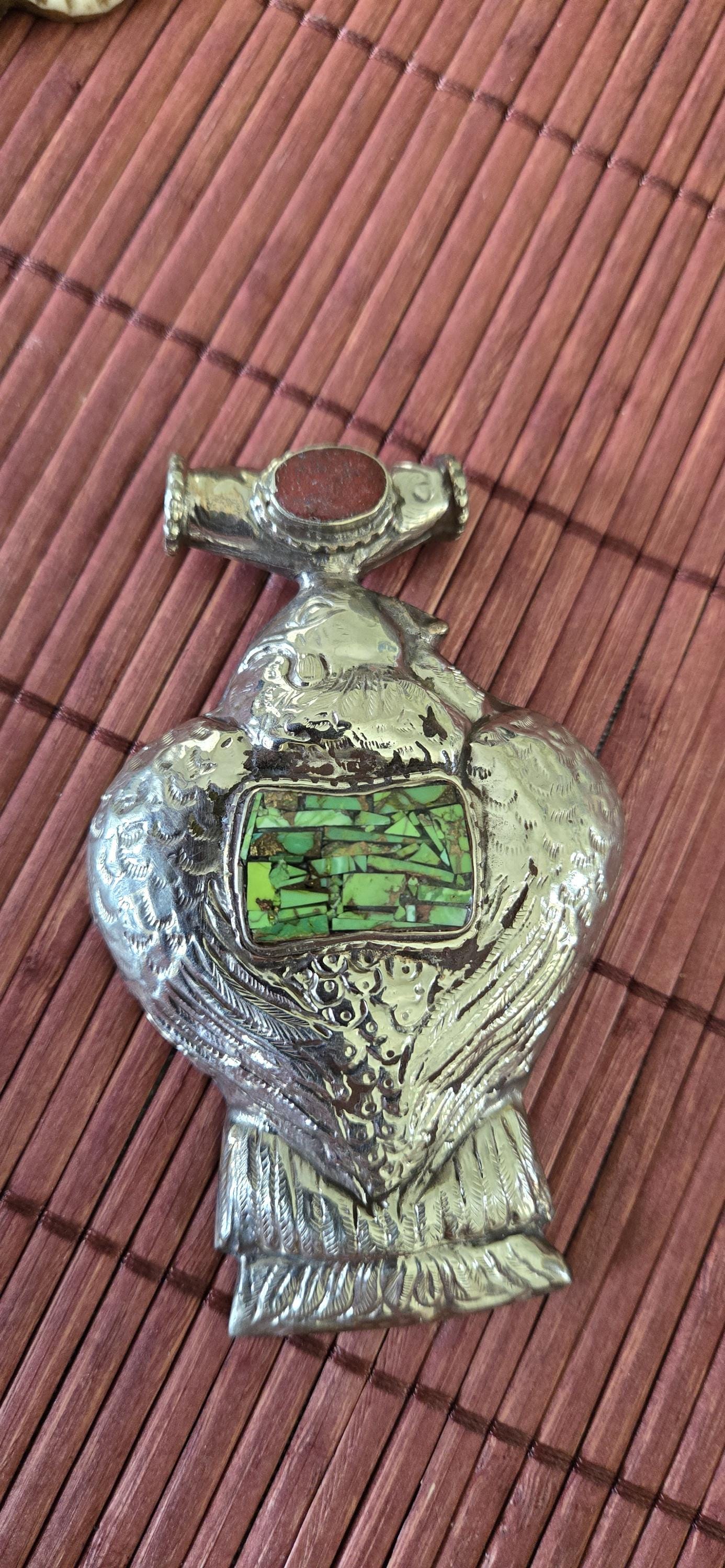 OOAK Extra Large Tibetan Silver finish Repousse eagle phoenix Bird carving pendant with inlay - PM002C