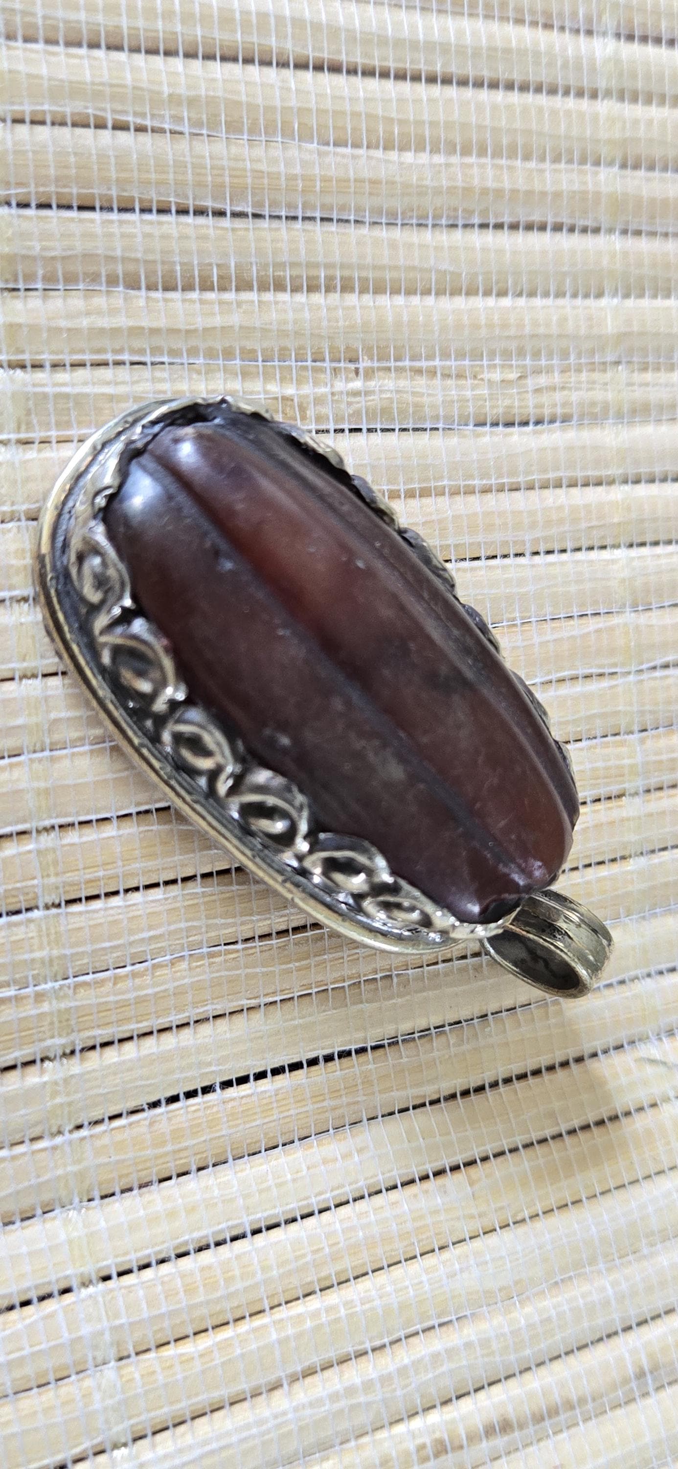 Carnelian Pendant - Tibetan antiqued silver finish old carnelian himalayan gemstone inlaid pendant reverse side flower carving - PM002E