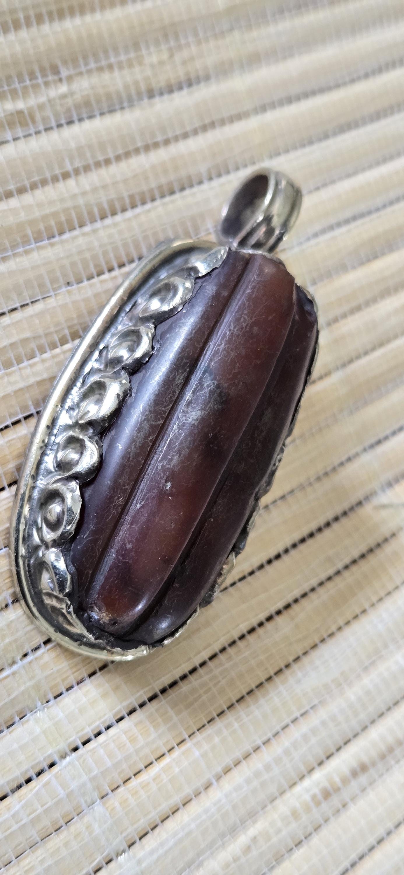 Carnelian Pendant - Tibetan antiqued silver finish old carnelian himalayan gemstone inlaid pendant reverse side flower carving - PM002E