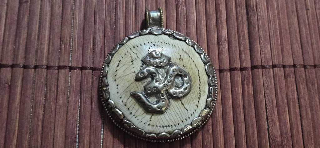 Tibetan Conch Shell Pendant with Om & Phoenix bird | Ethnic Naga Tribal Stick Figure carved | Nepal naga conch Shell jewelry Amulet | PM004B