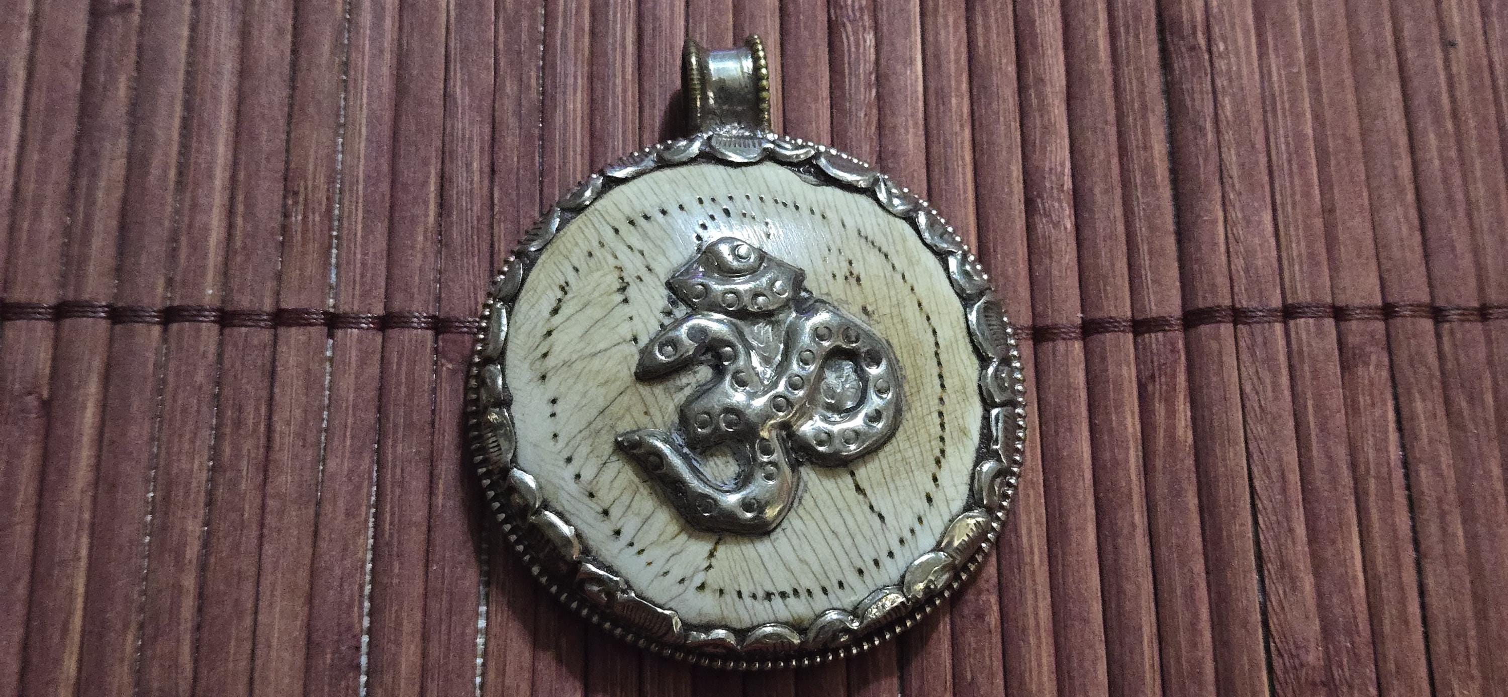 Tibetan Conch Shell Pendant with Om & Phoenix bird | Ethnic Naga Tribal Stick Figure carved | Nepal naga conch Shell jewelry Amulet | PM004B