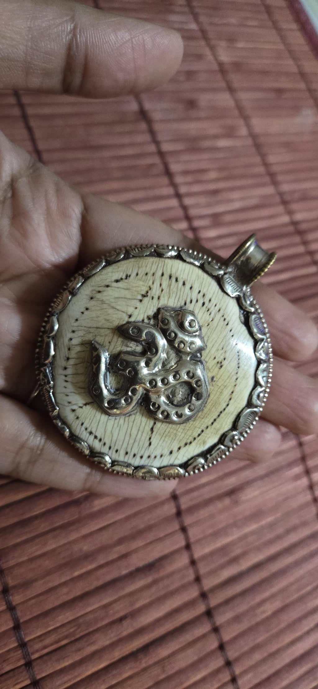 Tibetan Conch Shell Pendant with Om & Phoenix bird | Ethnic Naga Tribal Stick Figure carved | Nepal naga conch Shell jewelry Amulet | PM004B
