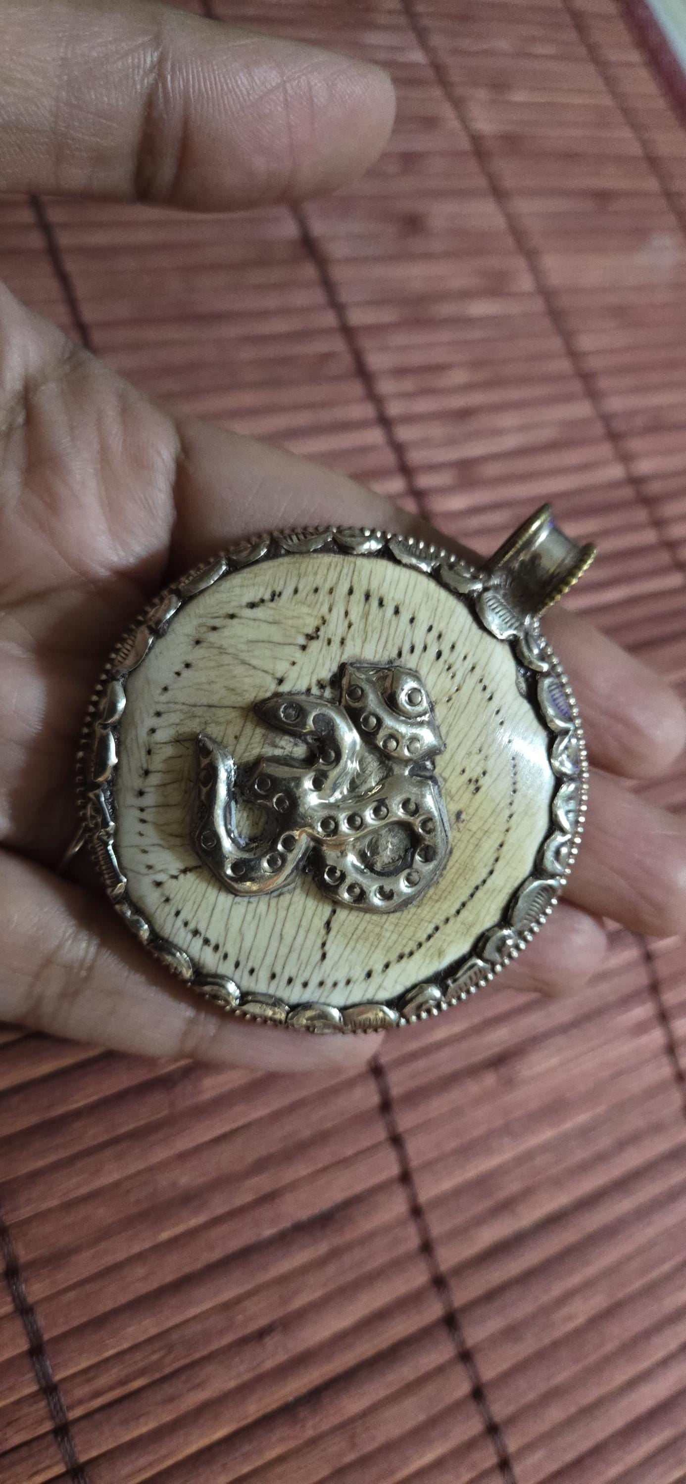 Tibetan Conch Shell Pendant with Om & Phoenix bird | Ethnic Naga Tribal Stick Figure carved | Nepal naga conch Shell jewelry Amulet | PM004B