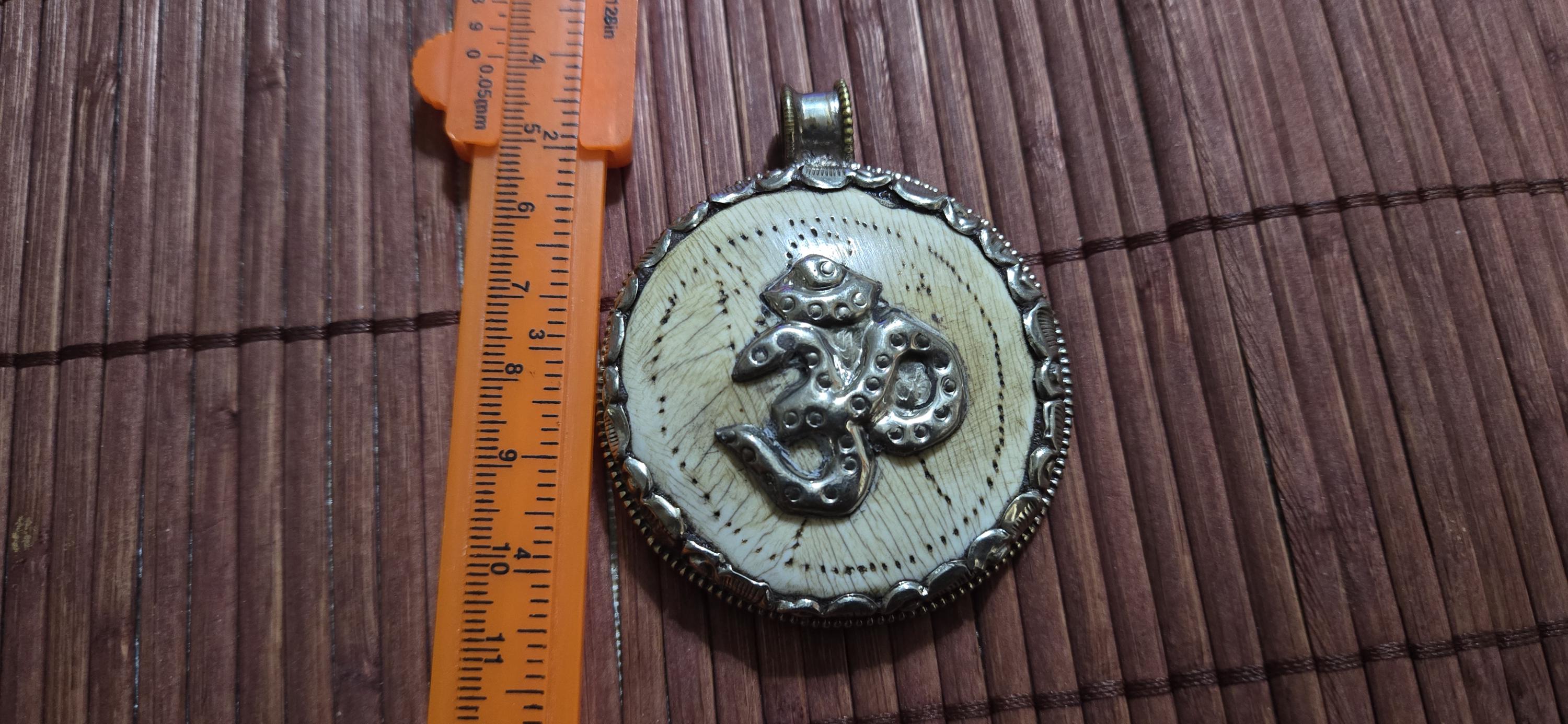 Tibetan Conch Shell Pendant with Om & Phoenix bird | Ethnic Naga Tribal Stick Figure carved | Nepal naga conch Shell jewelry Amulet | PM004B