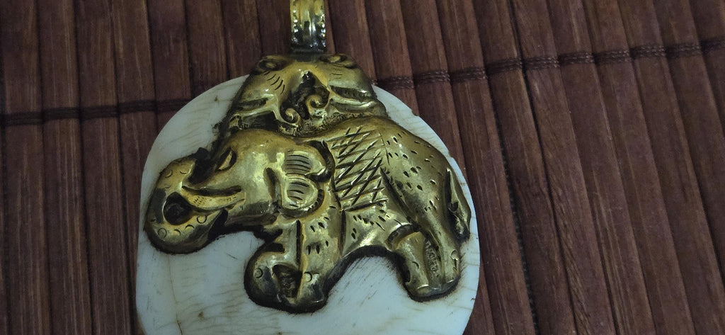 Majestic Elephant & Phoenix bird Pendant | Reversible Tibetan Conch Shell Amulet | Brass Trim Ethnic artistic pendant from Nepal PM004D
