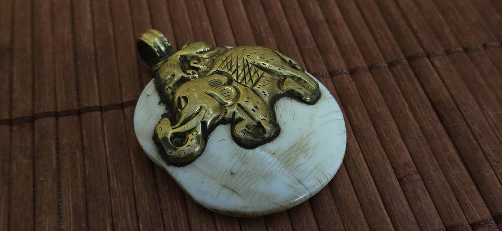 Majestic Elephant & Phoenix bird Pendant | Reversible Tibetan Conch Shell Amulet | Brass Trim Ethnic artistic pendant from Nepal PM004D