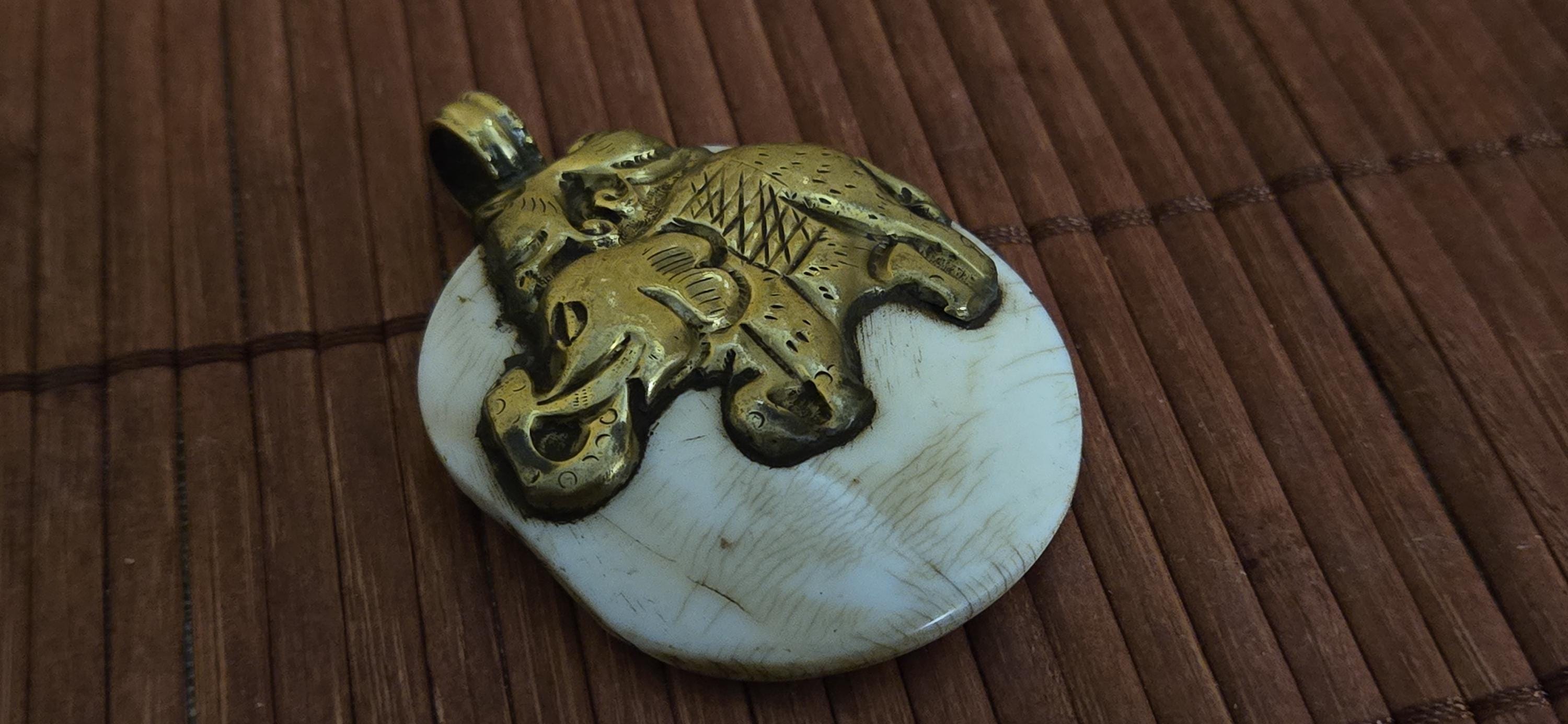 Majestic Elephant & Phoenix bird Pendant | Reversible Tibetan Conch Shell Amulet | Brass Trim Ethnic artistic pendant from Nepal PM004D
