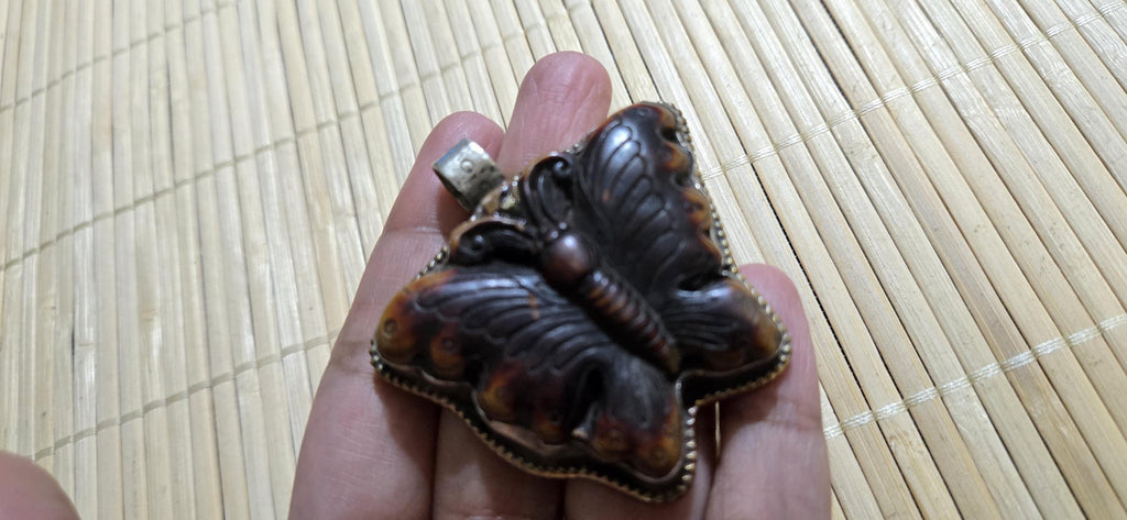 Butterfly Pendant carved recycled cattle Bone | Lotus Filigree Back | Tribal Jewelry Nepal | Spiritual Nature Symbol PM004H