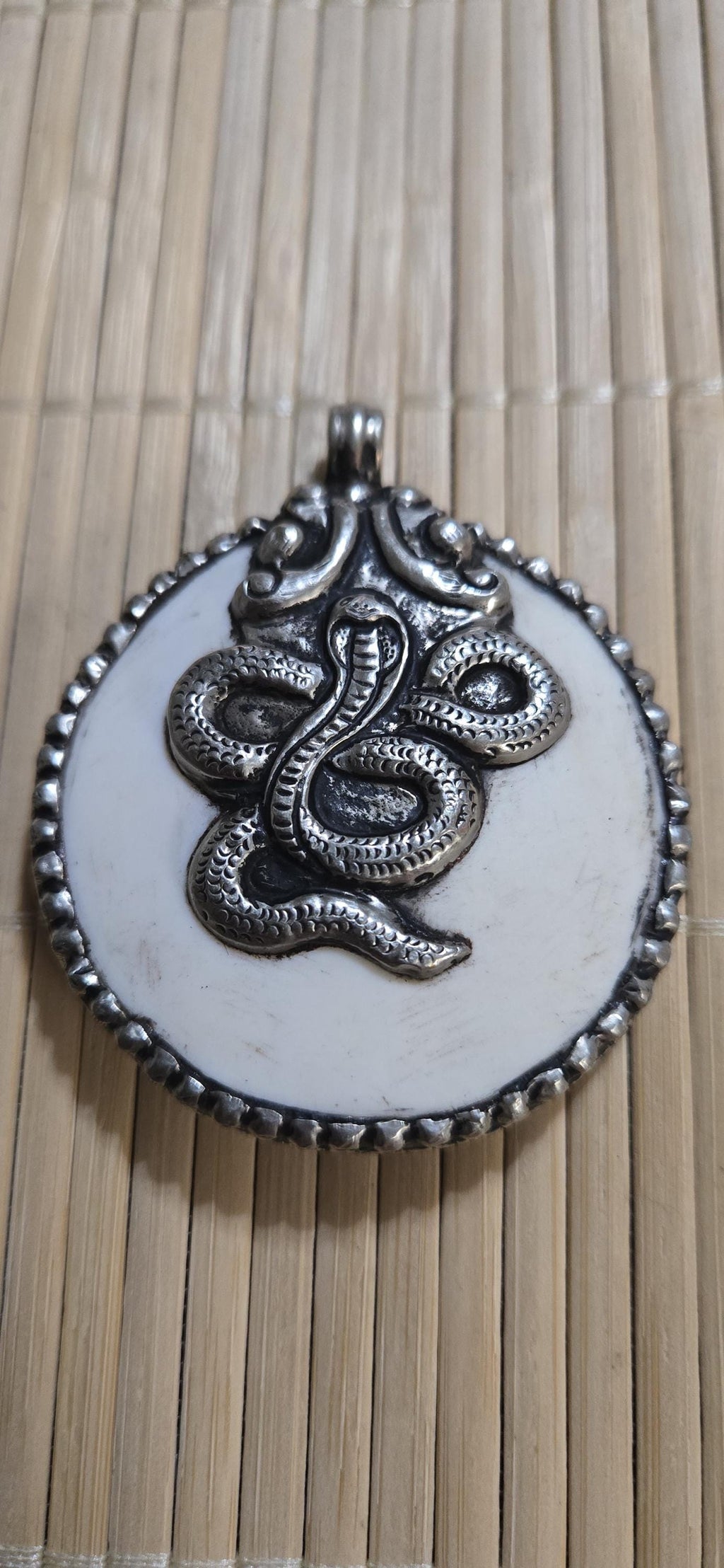 Large Tibetan Naga conch shell Snake Pendant - antiqued silver repousse | King Cobra Serpent Jewelry | Year of the Snake | PM004K