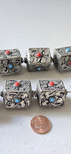 1 bead - Tibetan Nepal antiqued silver color finish repousse floral carving cube cuboid shape beads supplies large focal 31 -32mm - BD901G