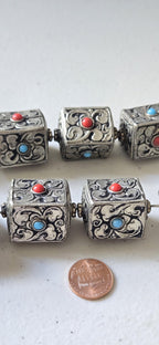 1 bead - Tibetan Nepal antiqued silver color finish repousse floral carving cube cuboid shape beads supplies large focal 31 -32mm - BD901G