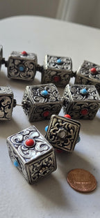 1 bead - Tibetan Nepal antiqued silver color finish repousse floral carving cube cuboid shape beads supplies large focal 31 -32mm - BD901G