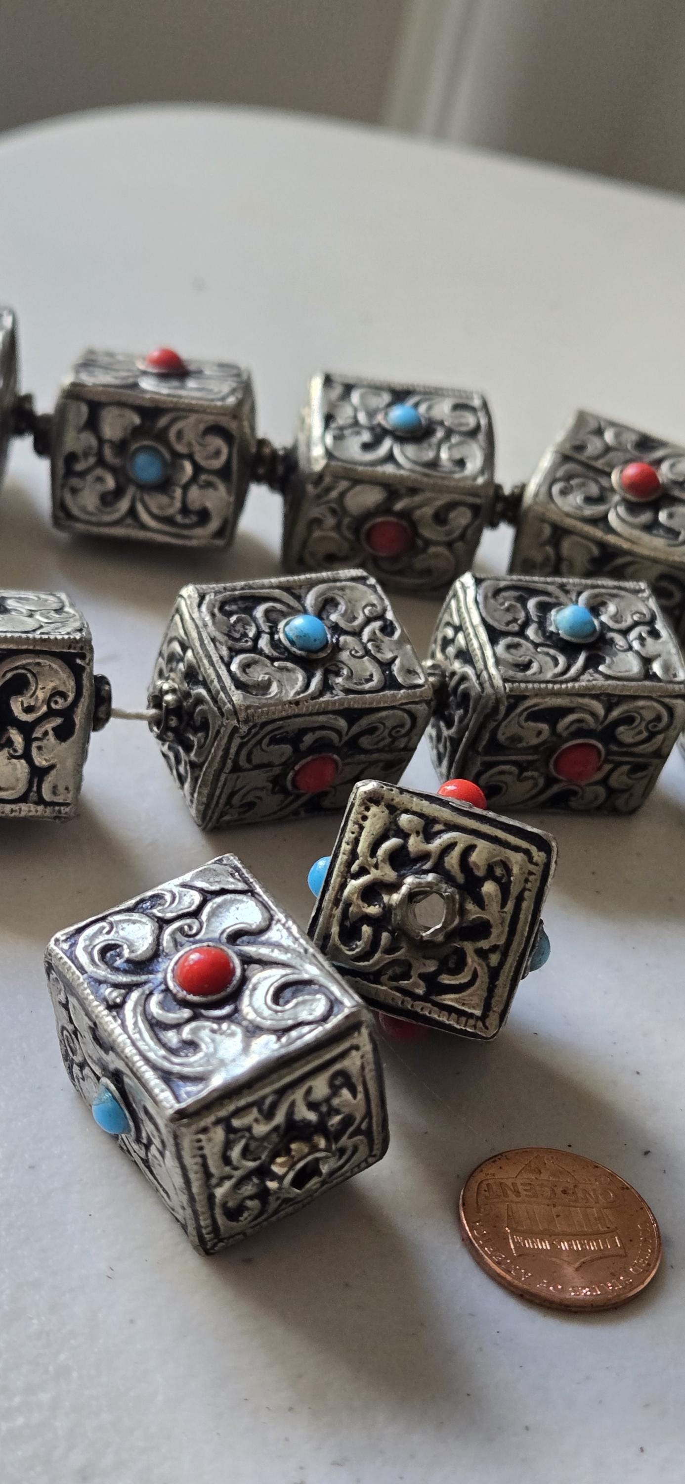1 bead - Tibetan Nepal antiqued silver color finish repousse floral carving cube cuboid shape beads supplies large focal 31 -32mm - BD901G