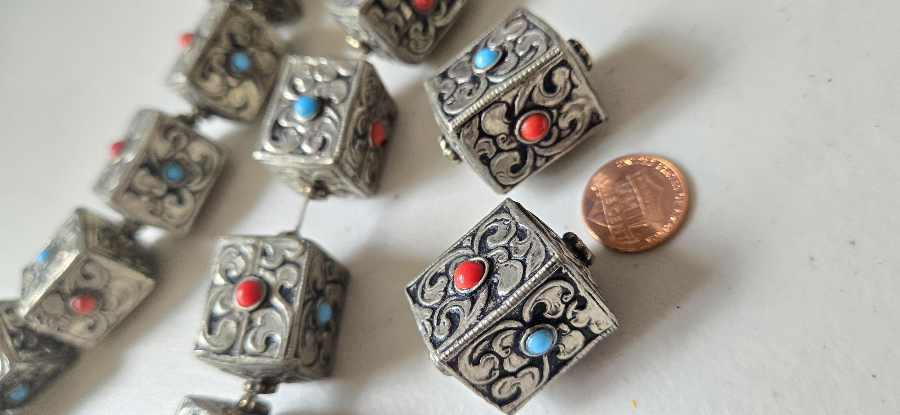 1 bead - Tibetan Nepal antiqued silver color finish repousse floral carving cube cuboid shape beads supplies large focal 31 -32mm - BD901G